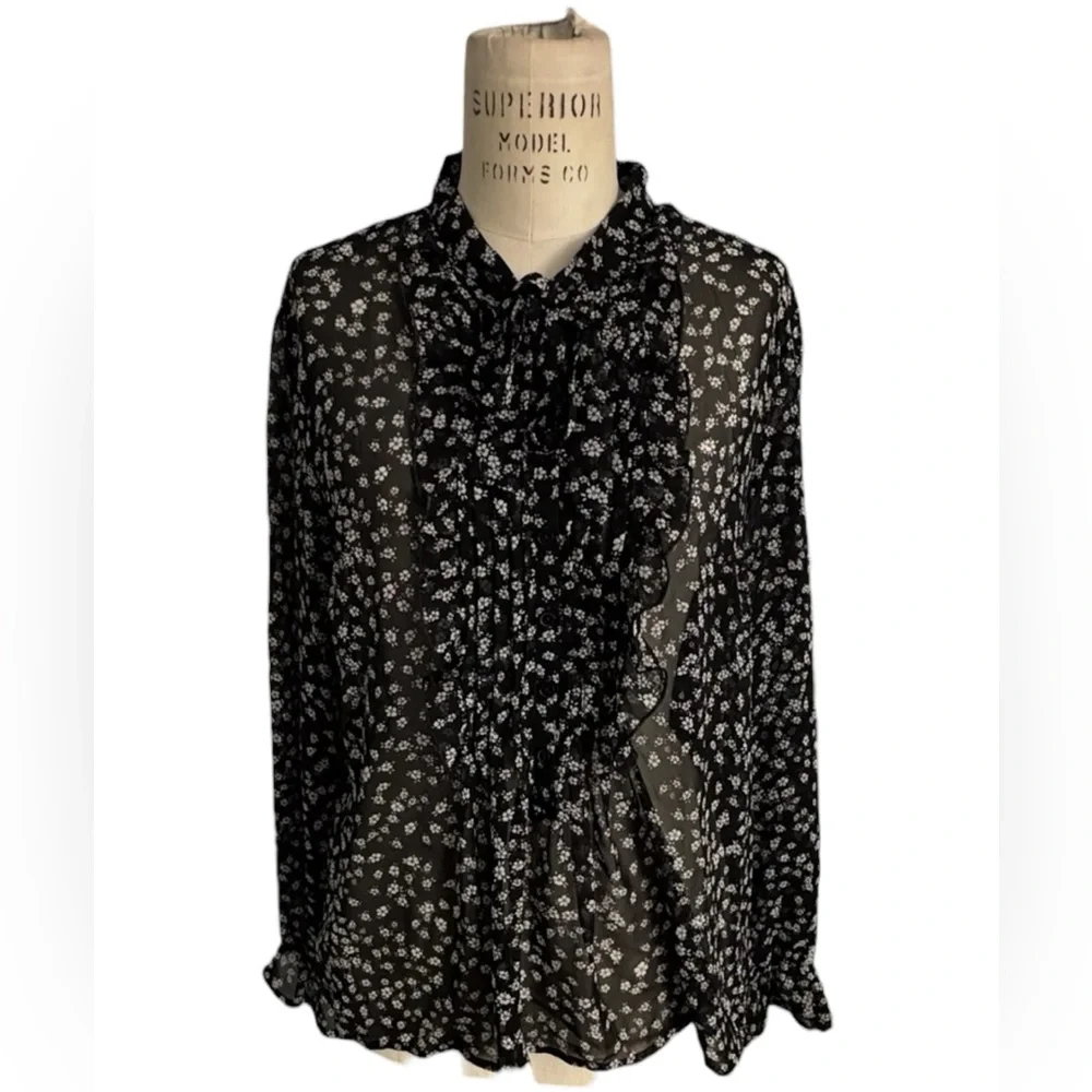 Express Black White Floral Blouse Ruffle Front Sheer Tie Neckline Office Size M - Picture 1 of 11